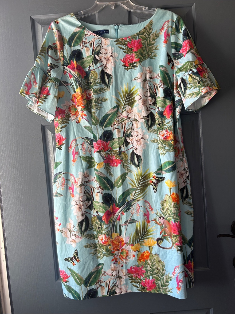 Talbots RSVP Floral Shift Dress in Aqua with Pink & Yellow Accents
